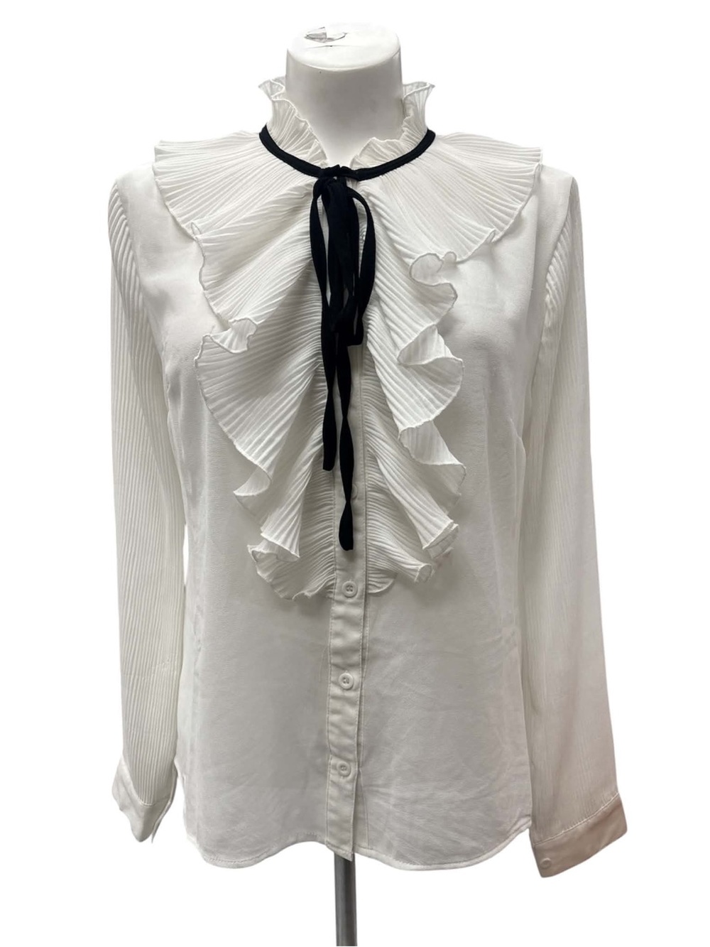Joie White Ruffled Front Button-Down Blouse with Black Neck Tie Size M